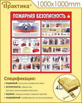 Стенд пожарная безопасность (1000х1000 мм, пластик ПВХ 4 мм, алюминиевый багет золотого цвета) - Стенды - Стенды по пожарной безопасности - Магазин охраны труда Протекторшоп